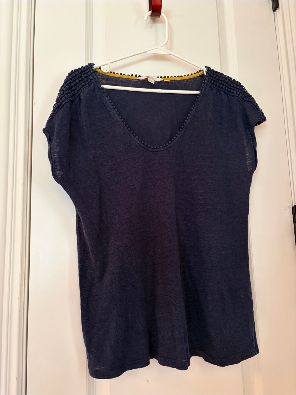 Boden Navy Blue 100% Linen Short Sleeve Summer V-Neck Top Size Medium
